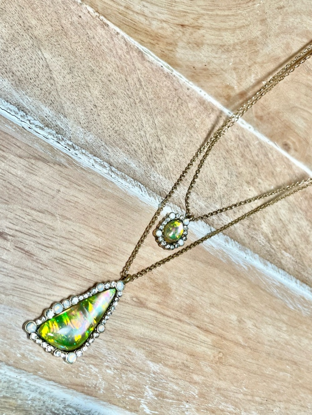 Gold-Tone Double Layer Necklace with Green Iridescent Stone
